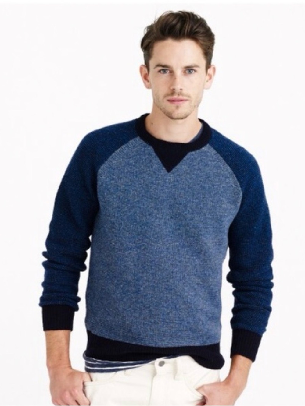 J.Crew Men’s 100% Lambswool Raglan Crewneck Colorblock Pullover Sweater Wool L
